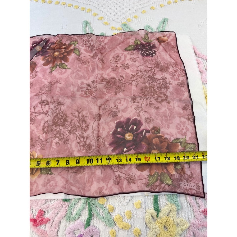 Echo Silk Square Scarf Pink Floral Chiffon Mauve Burgundy Sheer Neckerchief 21in - Picture 5 of 6